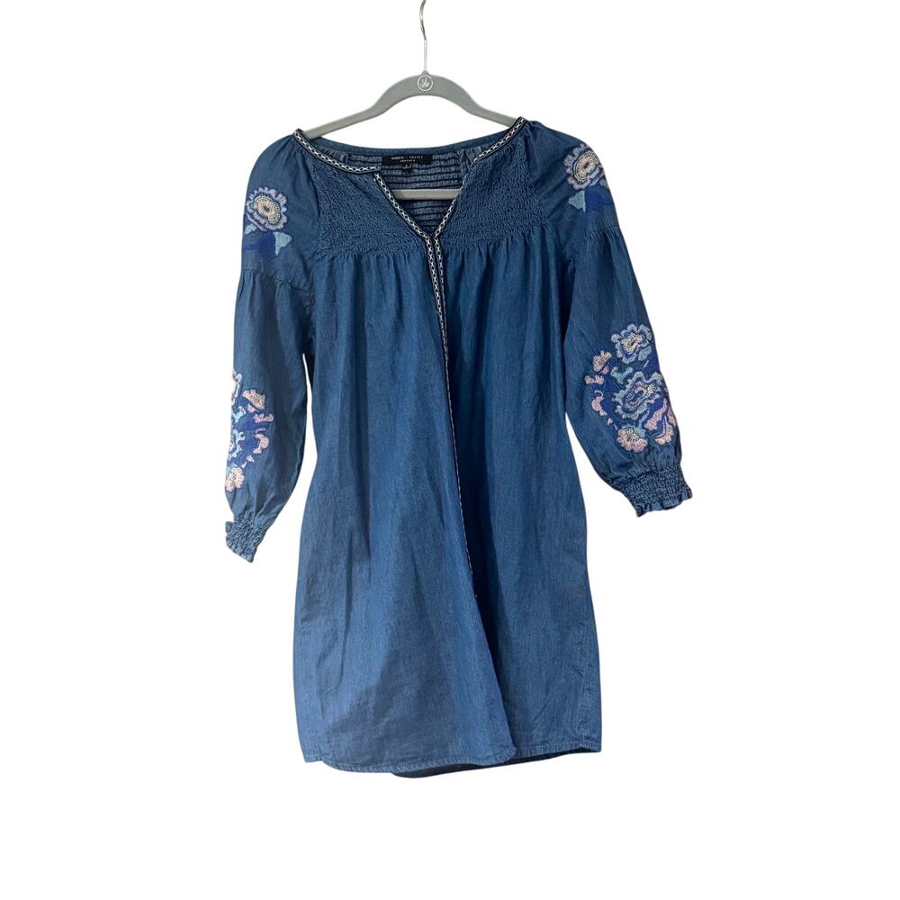 Romeo & Juliet Womens Embroidered Denim Blue Dress Sz S Boho Summer Cottagecore